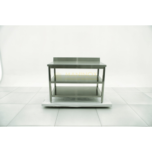MAN04801 Tavolo in acciaio inox con alzatina e 2 ripiani sottostanti