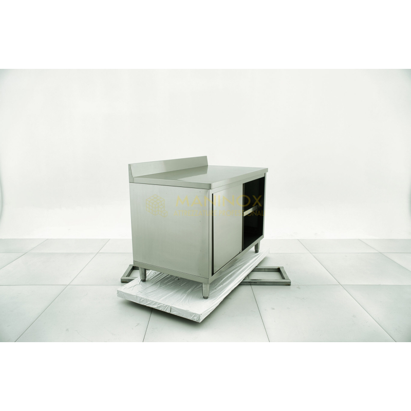 MAN05023 Tavolo armadiato in acciaio inox con ante scorrevoli e alzatina