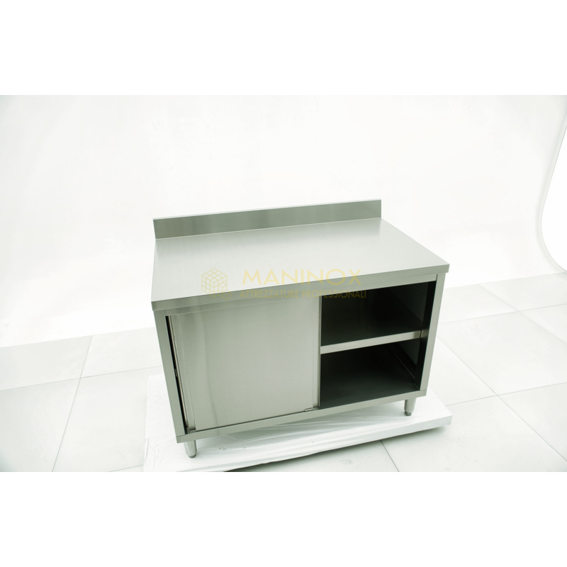 MAN05037 Tavolo armadiato in acciaio inox con ante scorrevoli e alzatina