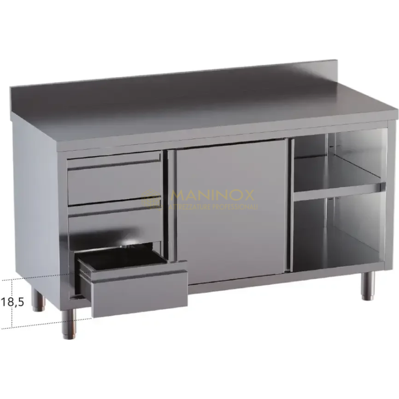 tavolo armadiato con cassetti sx con alzatina Tavolo armadiato con porte scorrevoli, 3 cassetti SX e alzatina