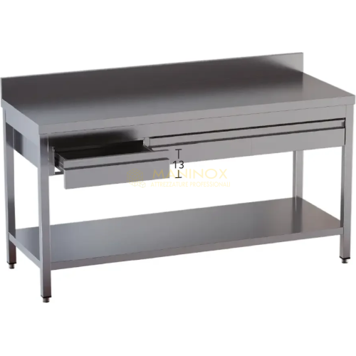 Tavolo su gambe con piano di fondo, cassetti e alzatina