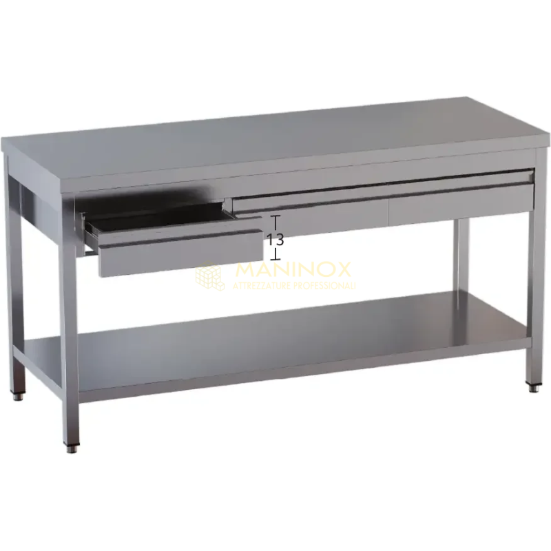 Tavolo su gambe con piano di fondo e cassetti