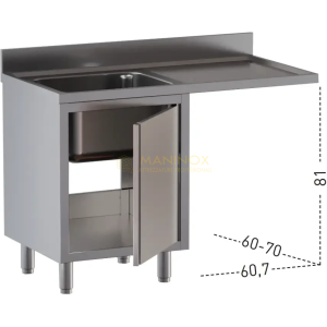 Lavello 1 vasca armadiato porta a battente con gocciolatoio vano lavastoviglie a dx, alzatina di 10 cm