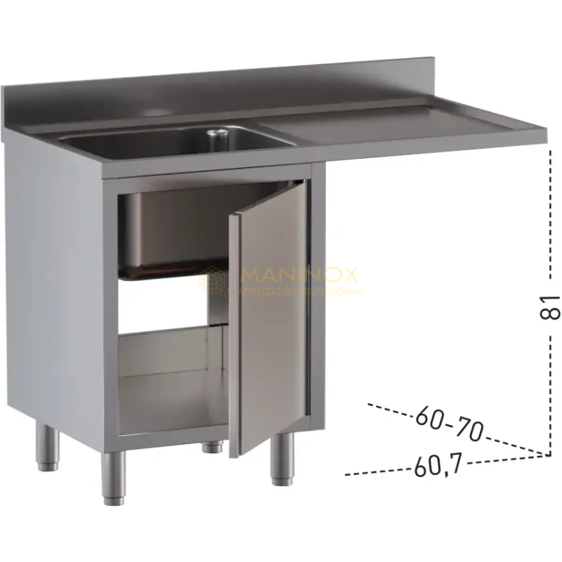 Lavello 1 vasca armadiato porta a battente con gocciolatoio vano lavastoviglie a dx, alzatina di 10 cm
