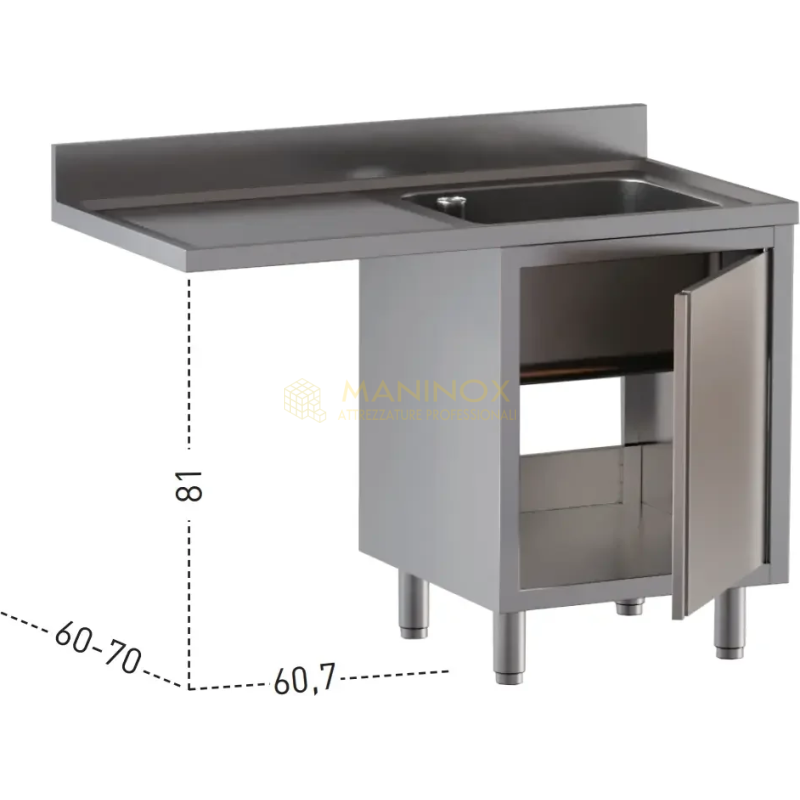 Lavello 1 vasca armadiato porta a battente con gocciolatoio vano lavastoviglie a sx, alzatina di 10 cm
