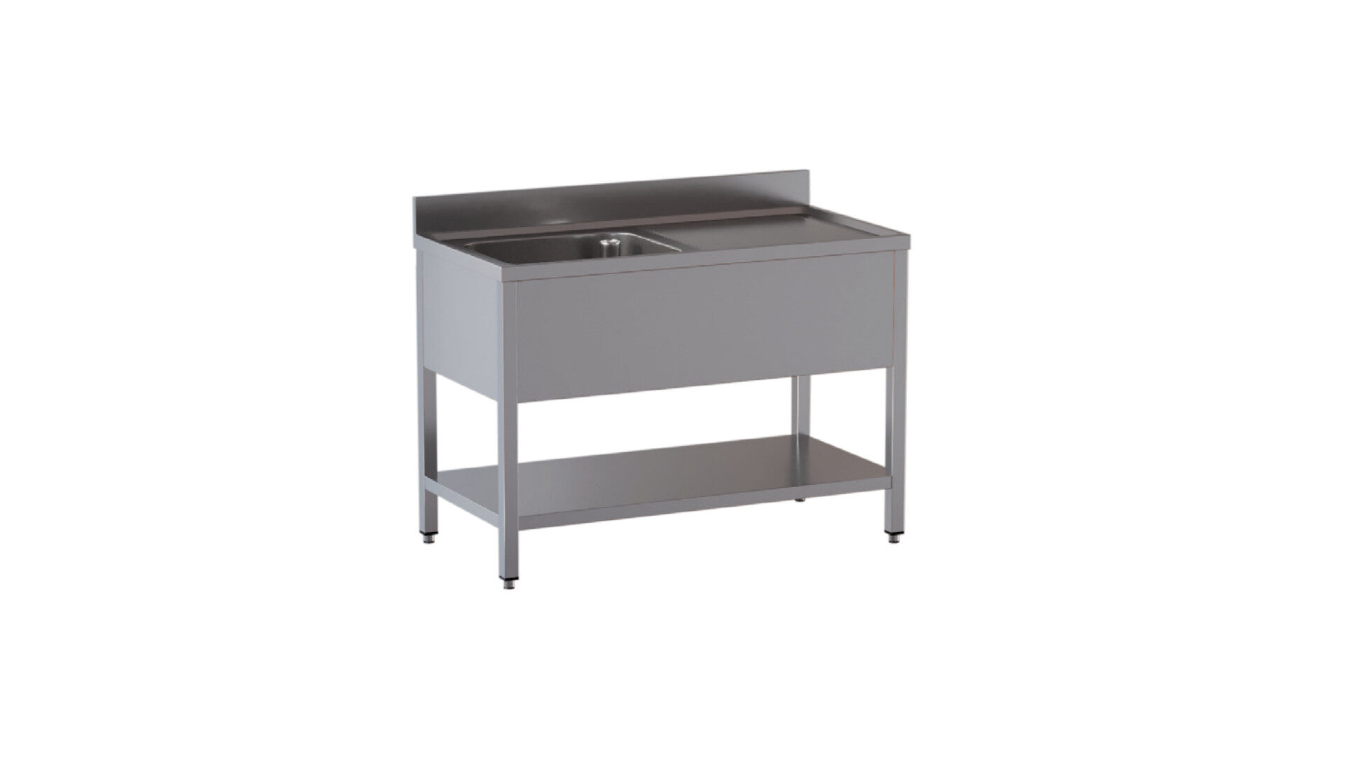 Lavello 1 vasca con gocciolatoio a dx su gambe con ripiano e alzatina da 10 cm