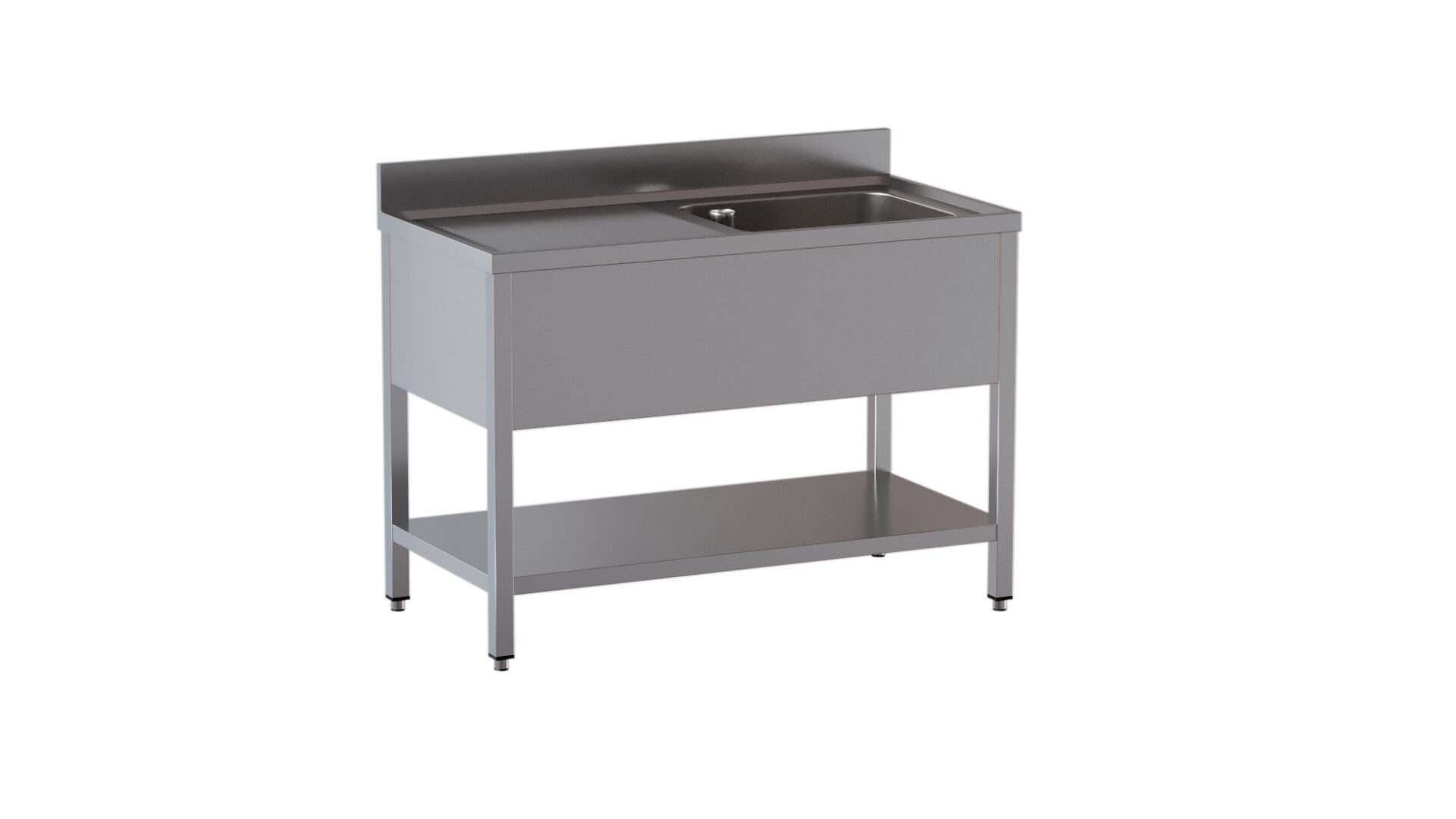 Lavello 1 vasca con gocciolatoio a sx su gambe con ripiano e alzatina da 10 cm