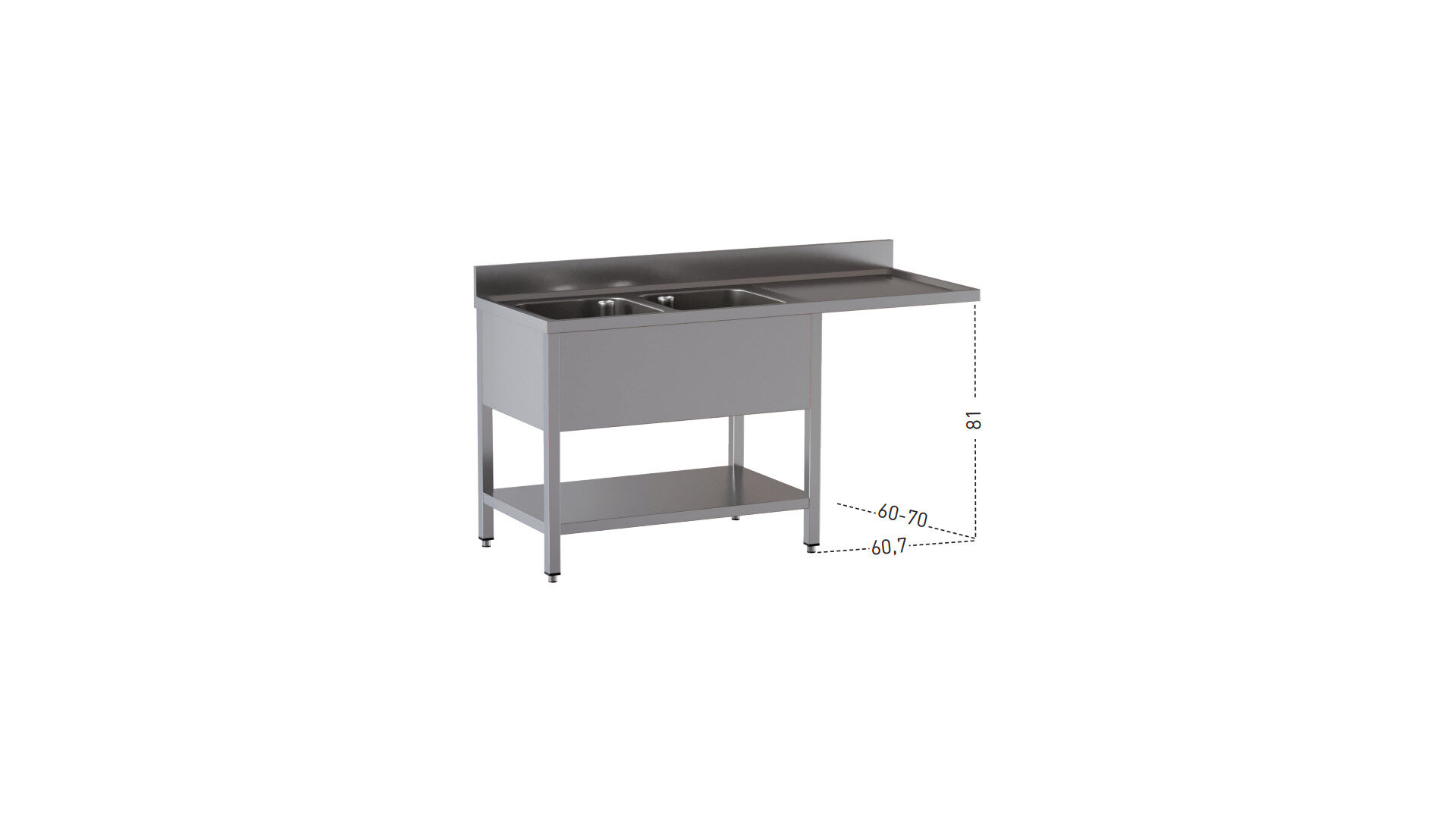 lavello 2 vasche goc dx vano lavastoviglie no armadiato Lavello 2 vasche e ripiano con gocciolatoio vano lavastoviglie a dx, alzatina di 10 cm