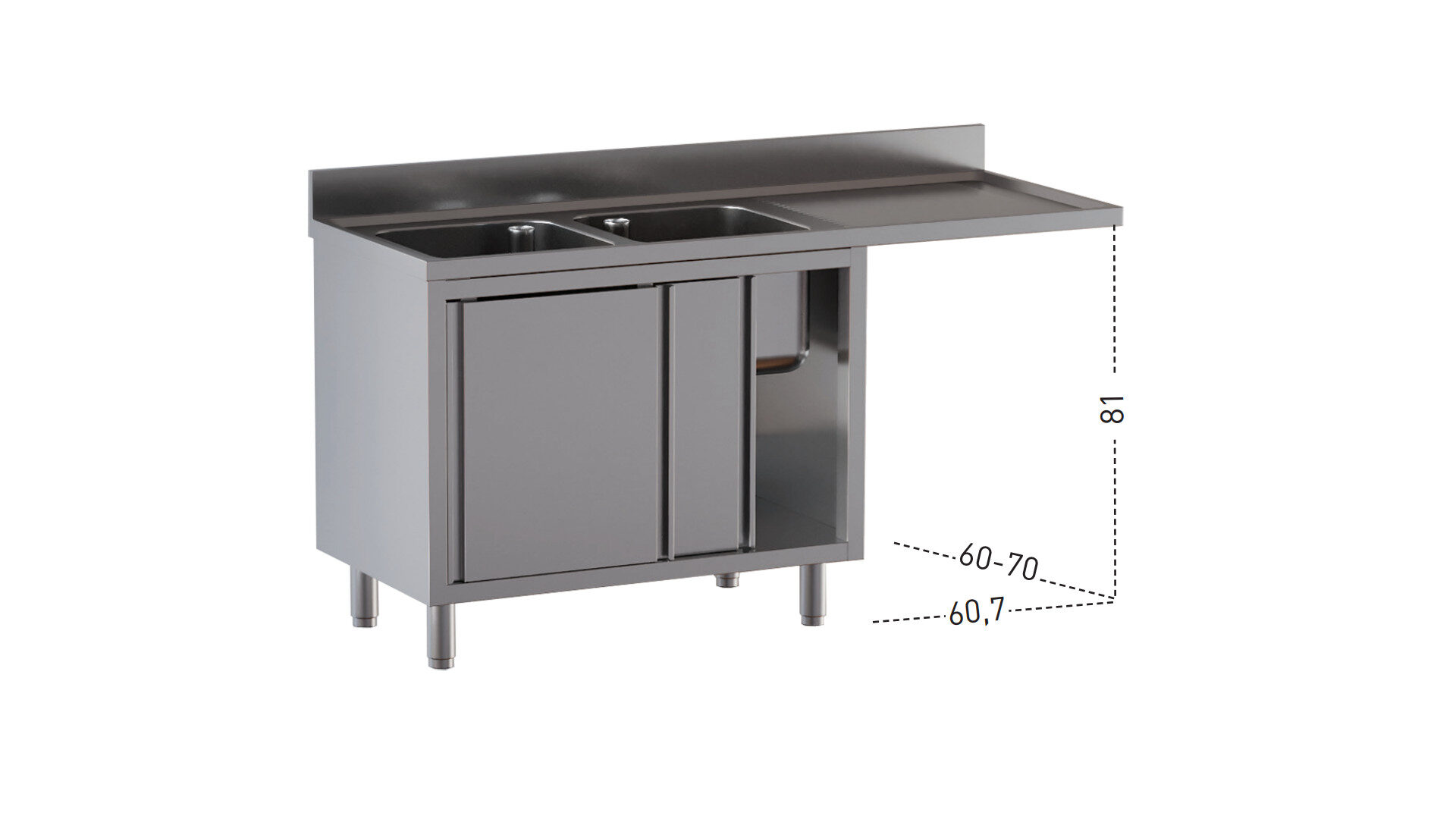 lavello 2 vasche goc dx vano lavastoviglie Lavello 2 vasche armadiato ante scorrevoli con gocciolatoio vano lavastoviglie a dx, alzatina di 10 cm