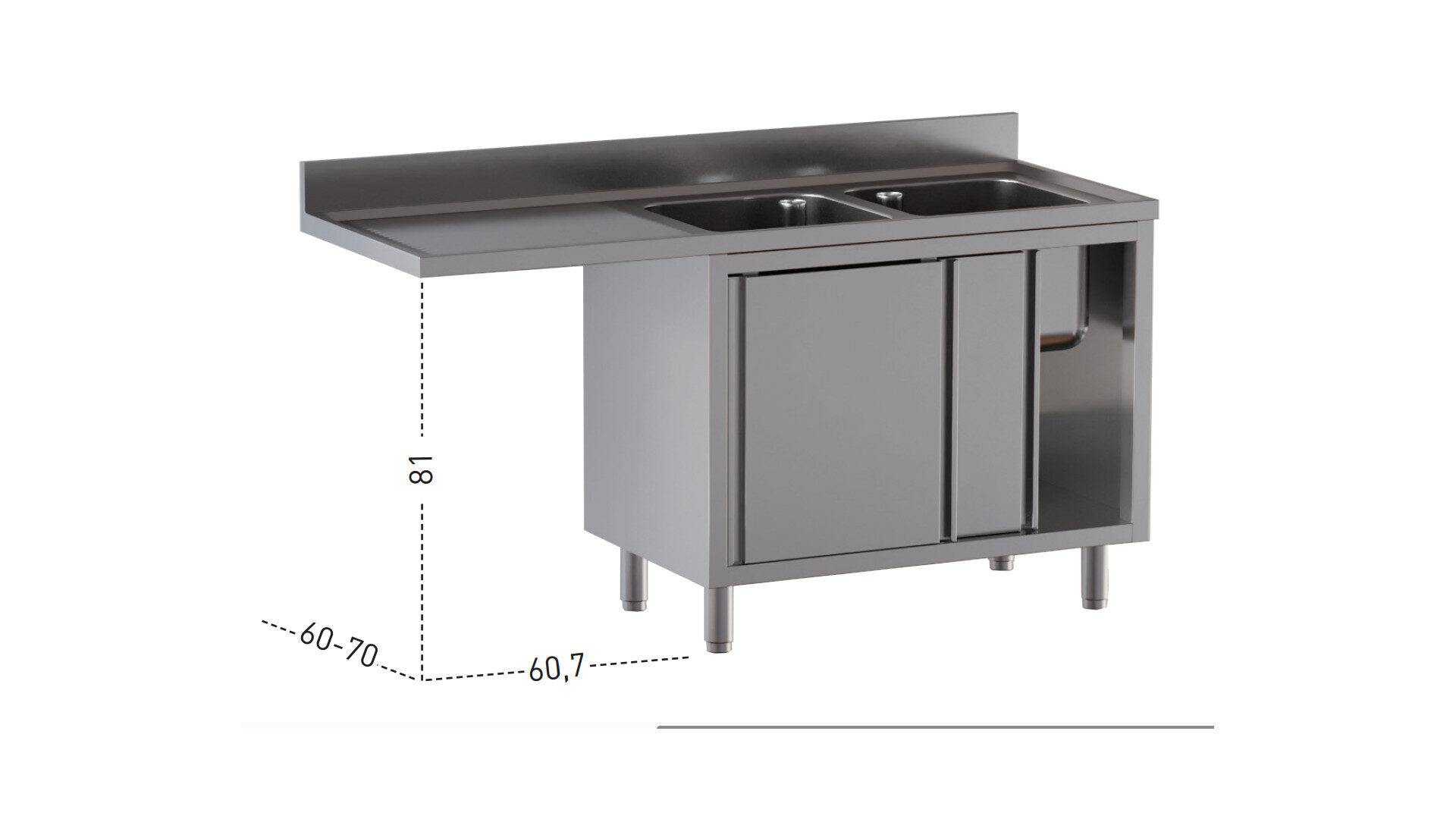 lavello 2 vasche goc sx armadiato vano lavastoviglie Lavello 2 vasche armadiato ante scorrevoli con gocciolatoio vano lavastoviglie a sx, alzatina di 10 cm