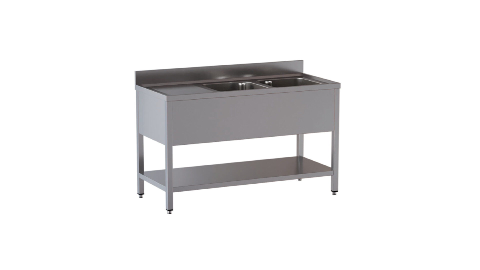 Lavello doppia vasca con gocciolatoio a sx, ripiano e alzatina da 10 cm