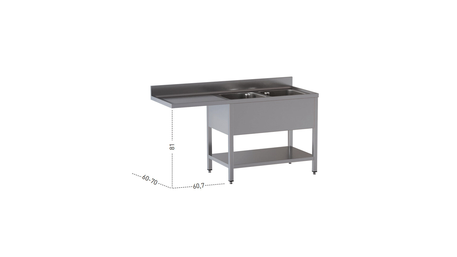 lavello 2 vasche vano lavastoviglie goc sx no armadiato Lavello 2 vasche con ripiano e gocciolatoio vano lavastoviglie a sx, alzatina di 10 cm