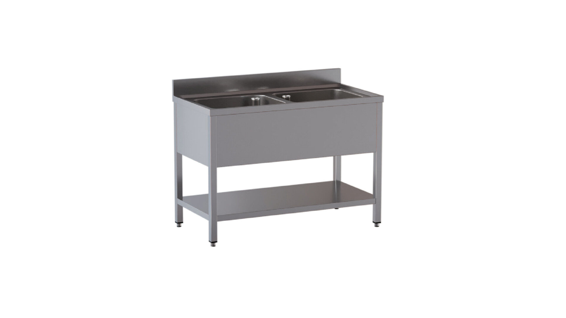 Lavello doppia vasca su gambe con ripiano e alzatina da 10 cm