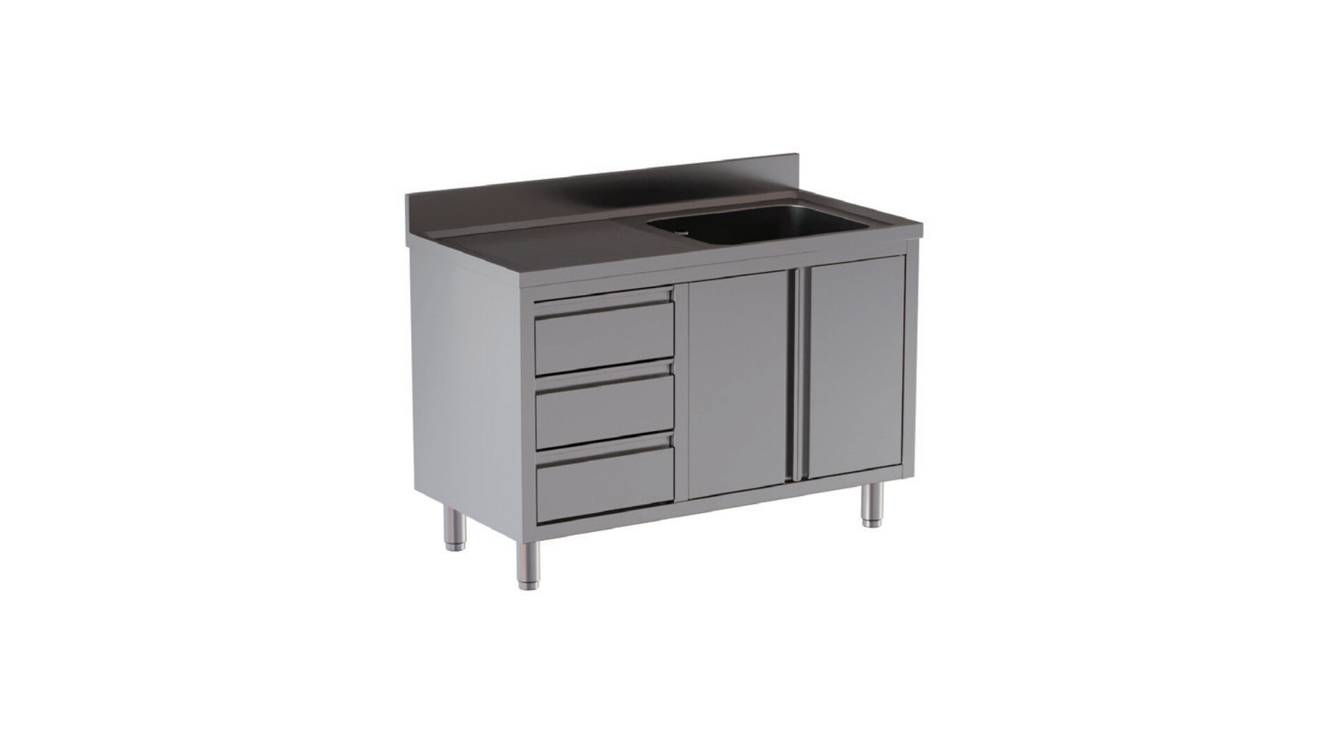 Lavello 1 vasca armadiato 2 ante a battente con gocciolatoio a sx e 3 cassetti, alzatina di 10 cm 