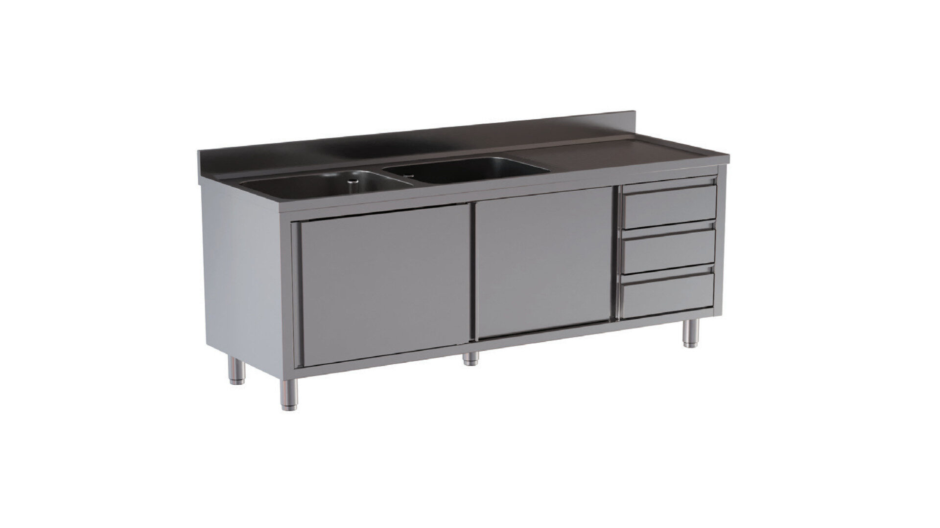 lavello armadiato 2 vasche con cassetti goc dx Lavello 2 vasche armadiato 2 ante scorrevoli con gocciolatoio a dx e 3 cassetti, alzatina di 10 cm