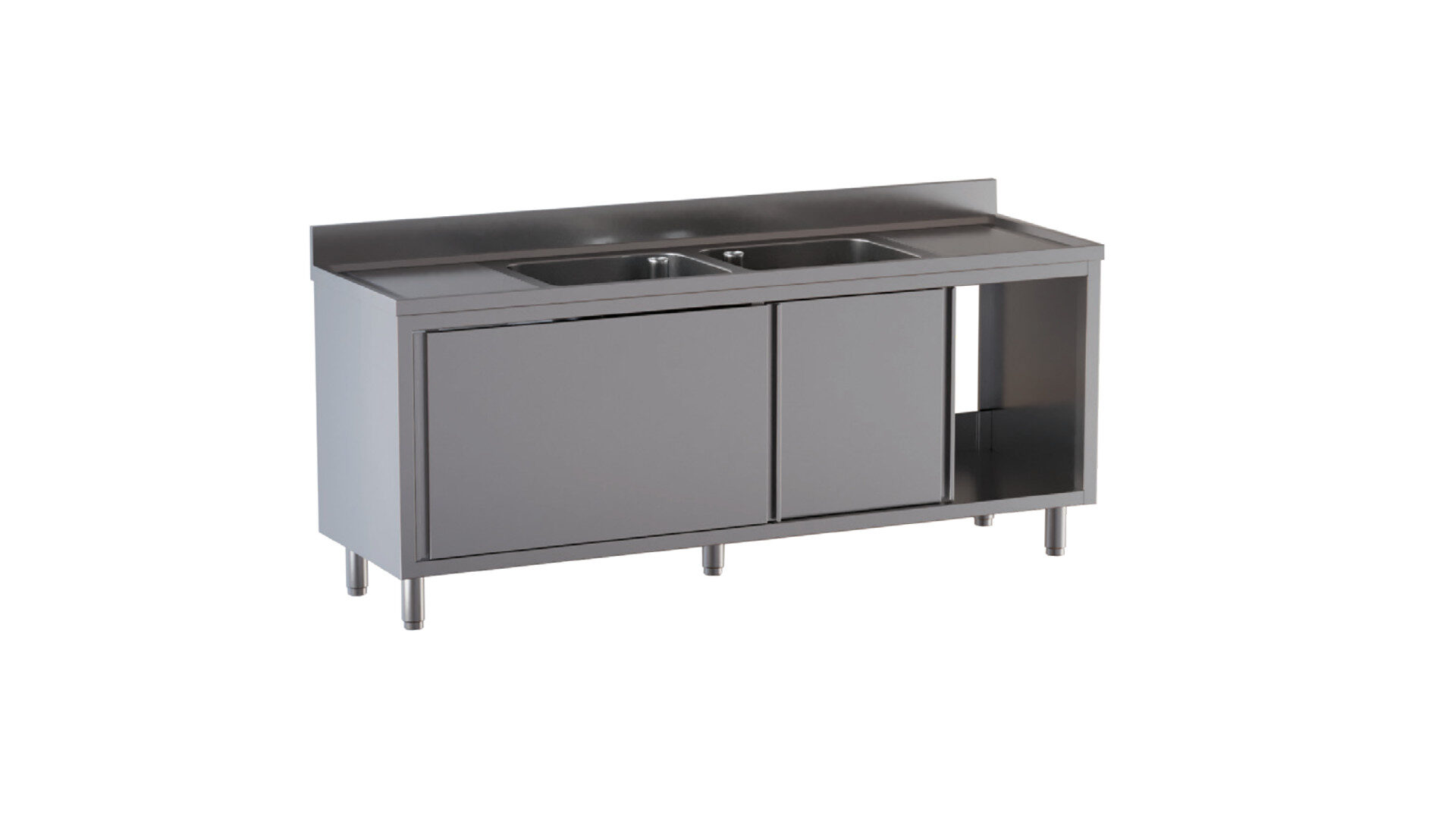 Lavello 2 vasche armadiato ante scorrevoli con gocciolatoio a dx e a sx alzatina di 10 cm 