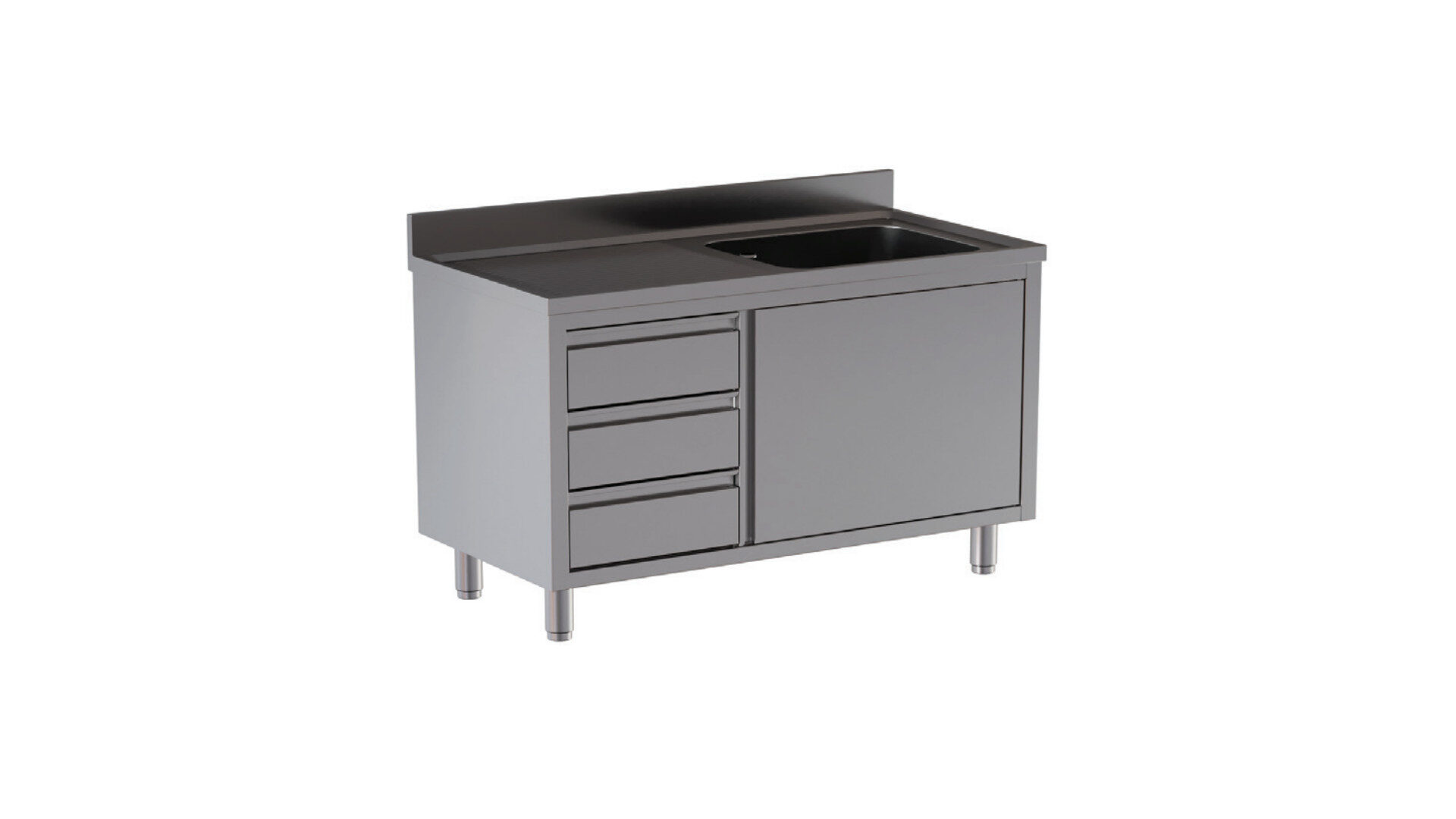 Lavello 1 vasca armadiato anta a battente con gocciolatoio a sx e 3 cassetti, alzatina di 10 cm 