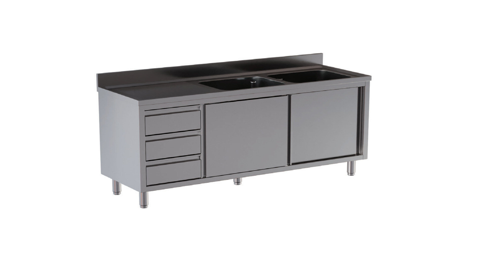 Lavello 2 vasche armadiato 2 ante scorrevoli con gocciolatoio a sx e 3 cassetti, alzatina di 10 cm