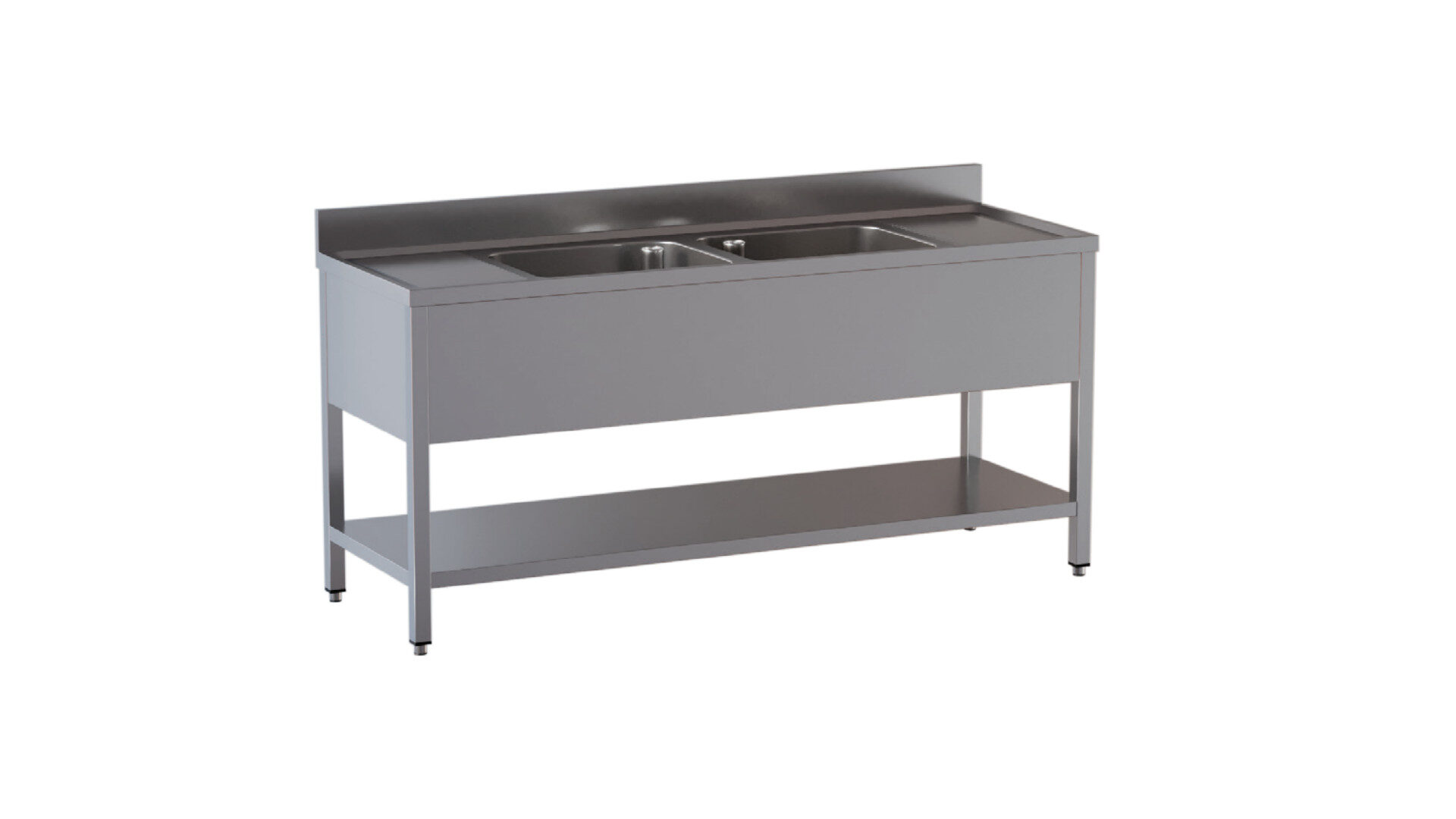 Lavello doppia vasca con gocciolatoio in entrambi i lati, con ripiano e alzatina da 10 cm