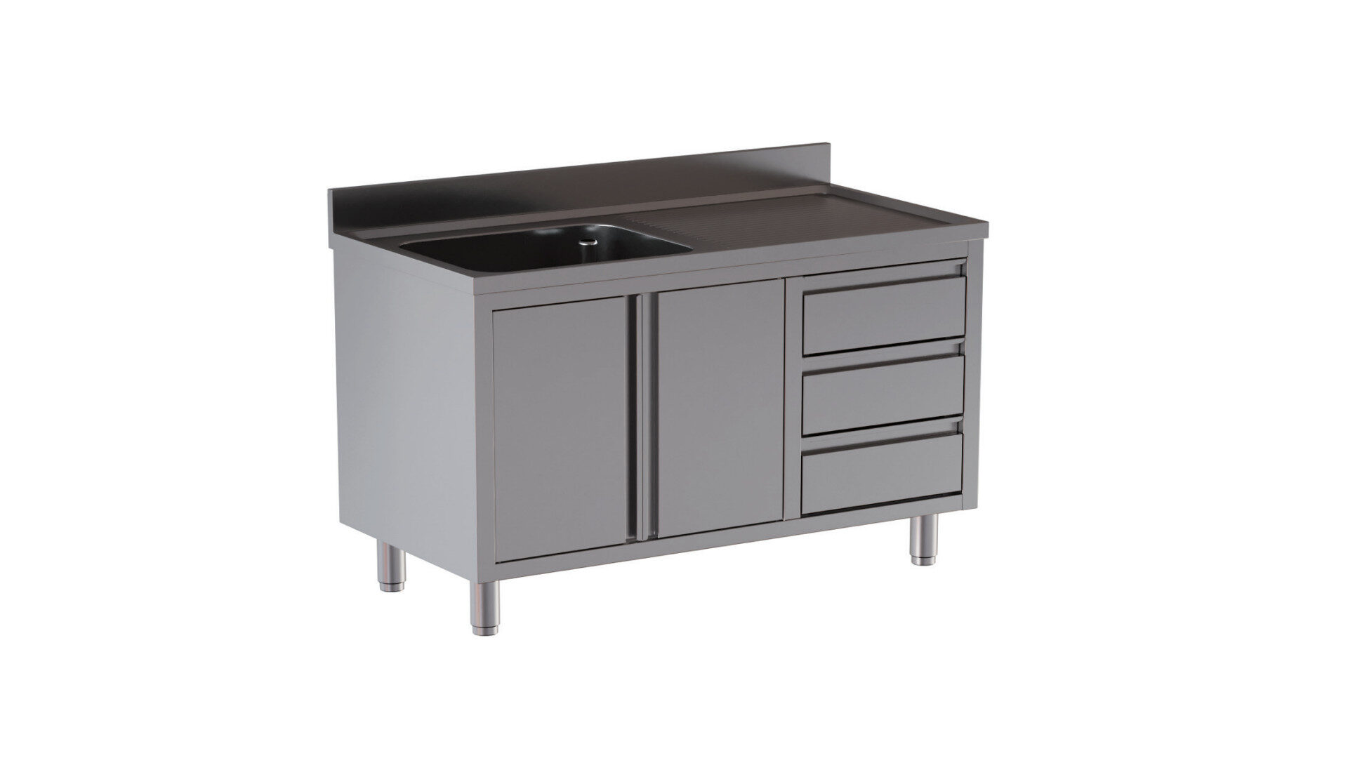 Lavello 1 vasca armadiato 2 ante a battente con gocciolatoio a dx e 3 cassetti, alzatina di 10 cm 