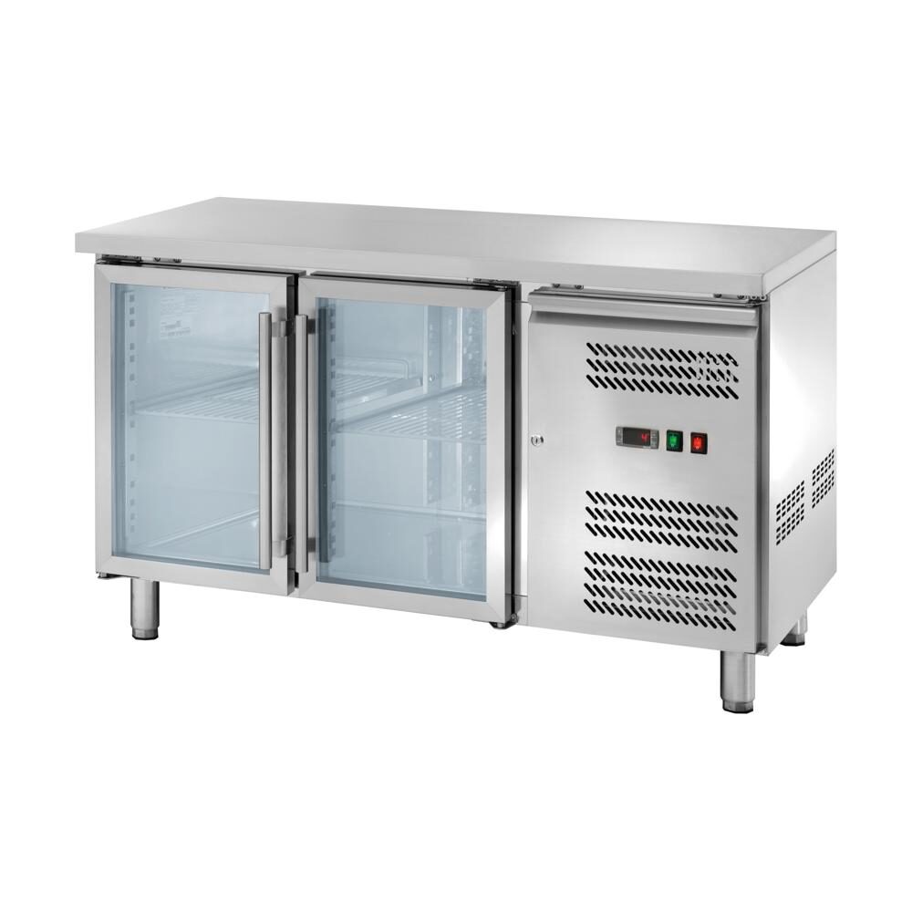 Banco refrigerato ventilato GN1/1 con 2 porte a vetri, profondità 70 cm, -2 +8 °C, acciaio AISI 304