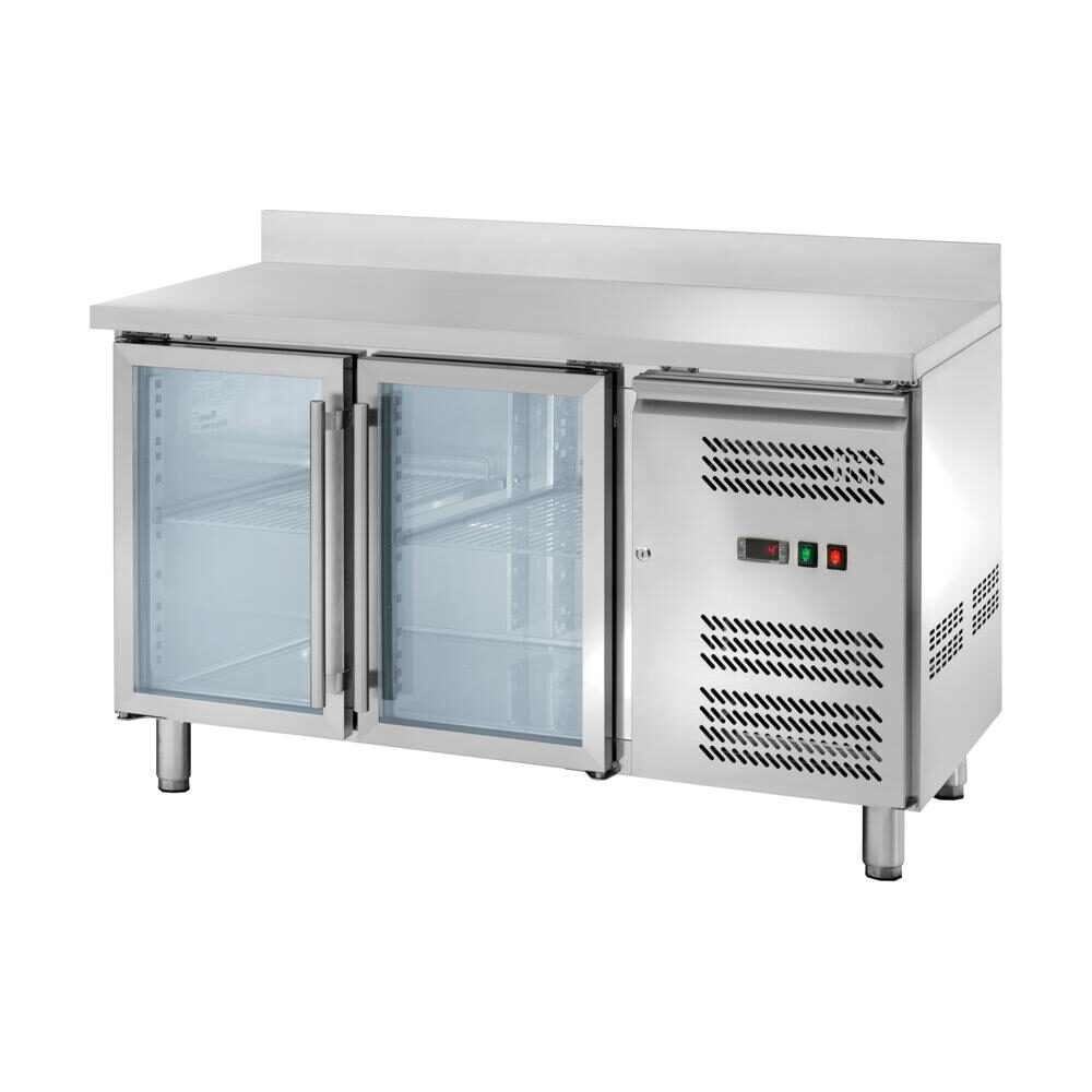 Banco refrigerato ventilato GN1/1 con 2 porte a vetri e alzatina, profondità 70 cm, -2 +8 °C, acciaio AISI 304.