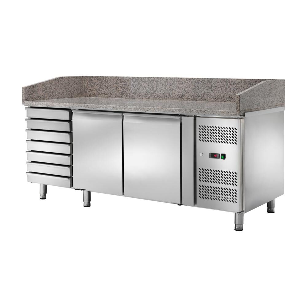 Banco pizza refrigerato ventilato,2 porte con cassetti, profondità 80 cm, -2 +8°C, acciaio inox.
