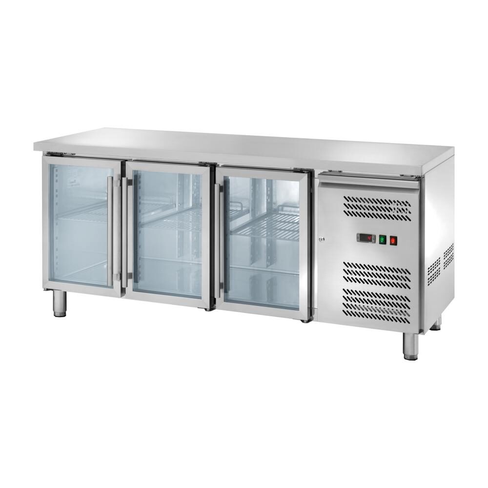 Banco refrigerato ventilato GN1/1 con 3 porte a vetri, profondità 70 cm, -2 +8 °C, acciaio AISI 304.