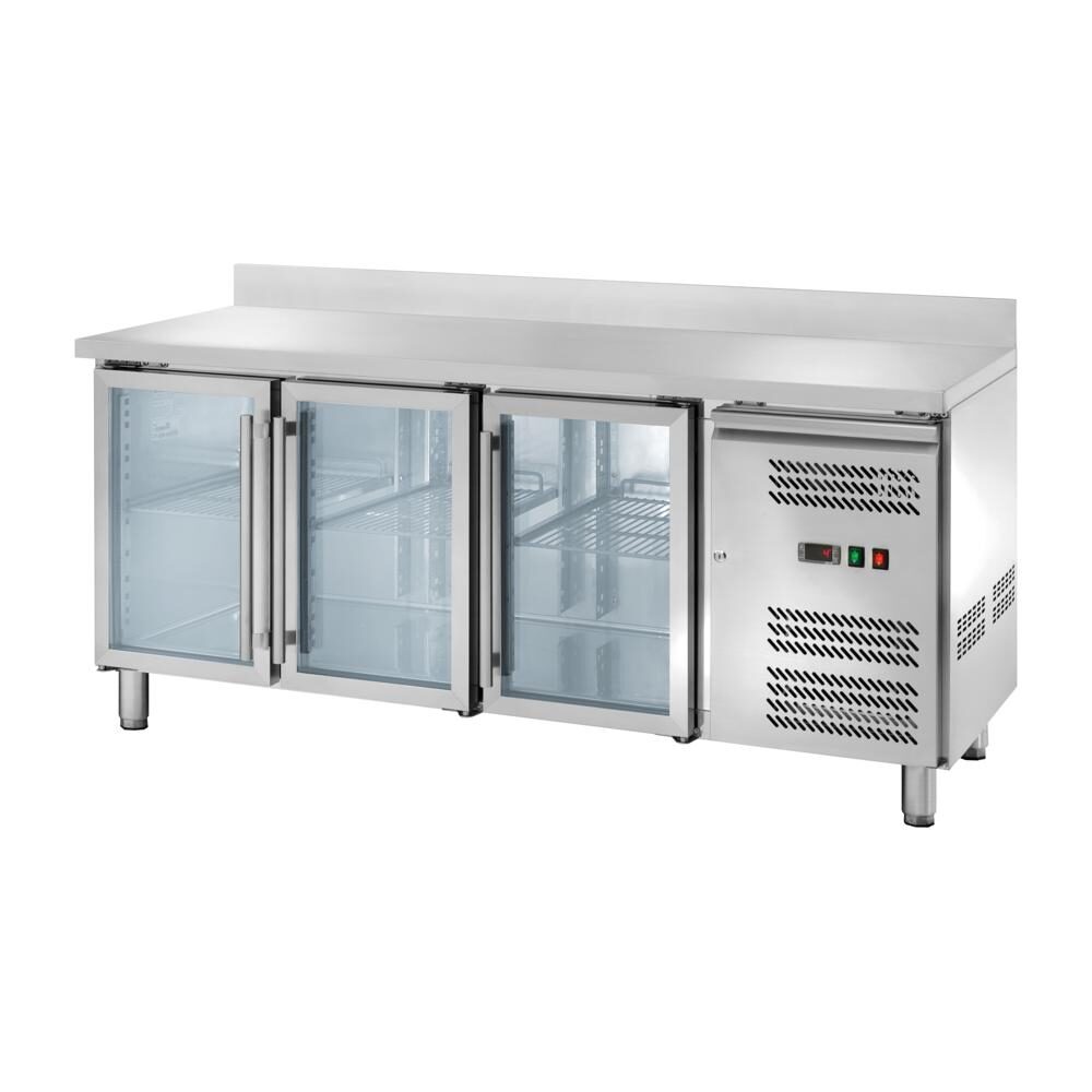 Banco refrigerato ventilato GN1/1 con 3 porte a vetri e alzatina, profondità 70 cm, -2 +8 °C, acciaio AISI 304.