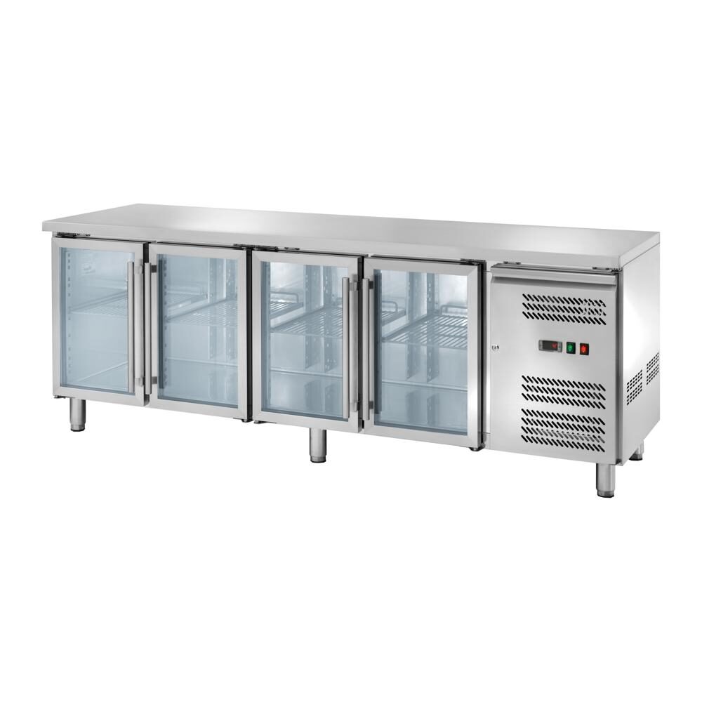Banco refrigerato ventilato GN1/1 con 4 porte a vetri, profondità 70 cm, -2 +8 °C, acciaio AISI 304.