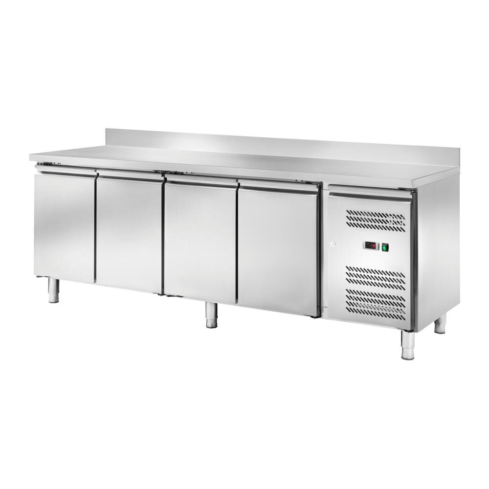 Banco refrigerato ventilato GN1/1 4 porte, con alzatina, profondità 70 cm, -2 +8°C, acciaio AISI 304.