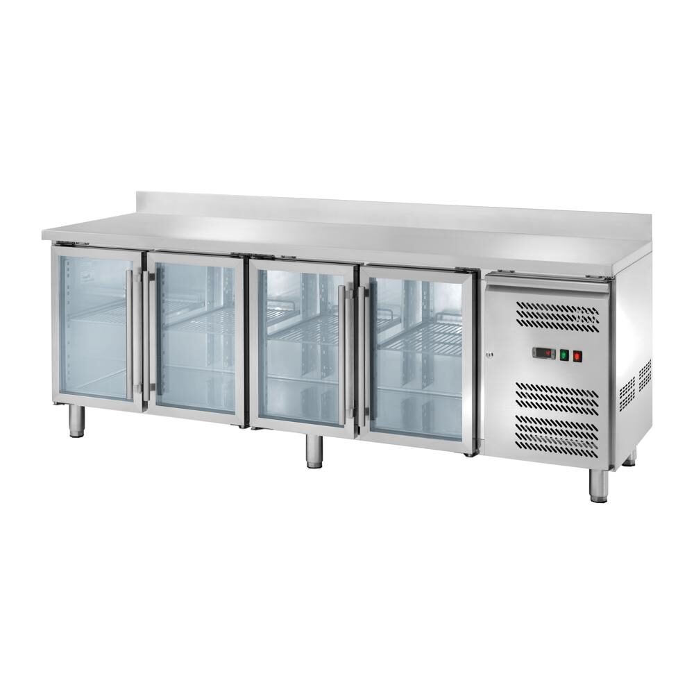 Banco refrigerato ventilato GN1/1 con 4 porte a vetri e alzatina, profondità 70 cm, -2 +8 °C, acciaio AISI 304.