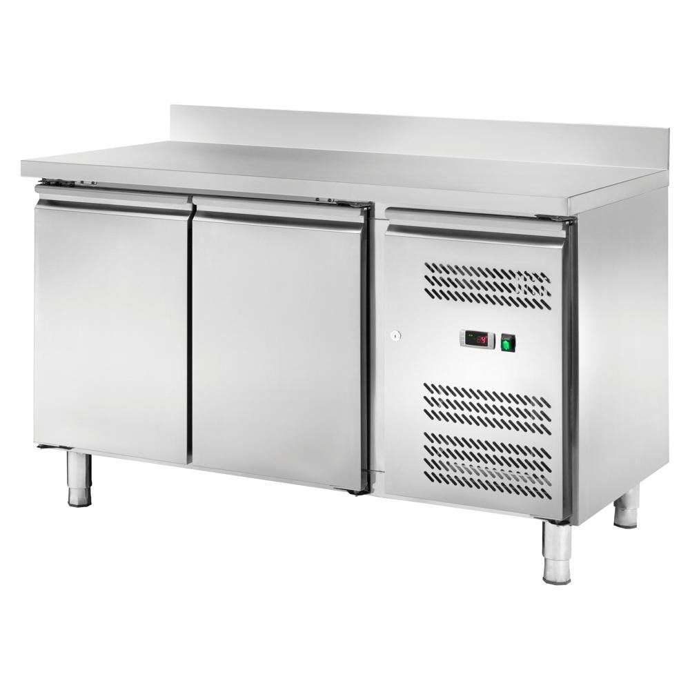 Banco refrigerato ventilato snack 2 porte, con alzatina, profondità 60 cm, -2 +8 °C, acciaio inox.