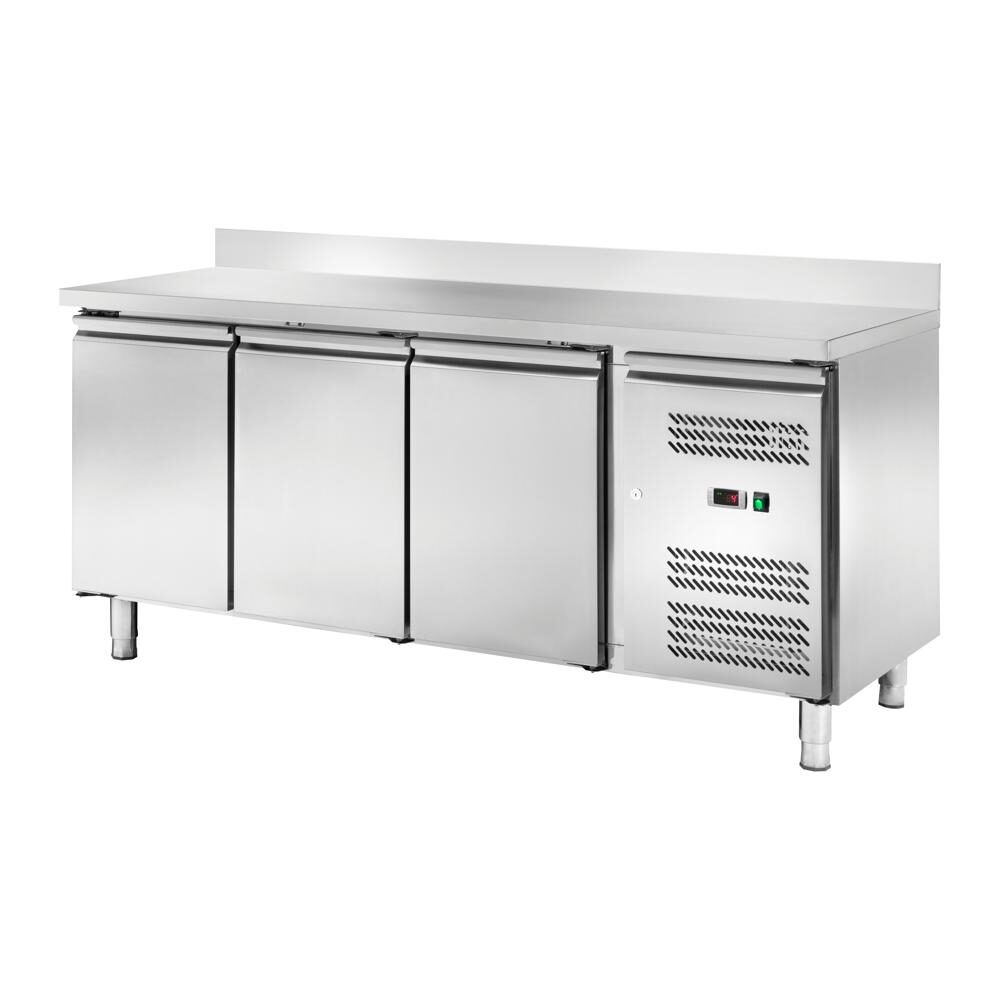 Banco refrigerato ventilato snack 3 porte, con alzatina, profondità 60 cm, -2 +8 °C, acciaio inox.
