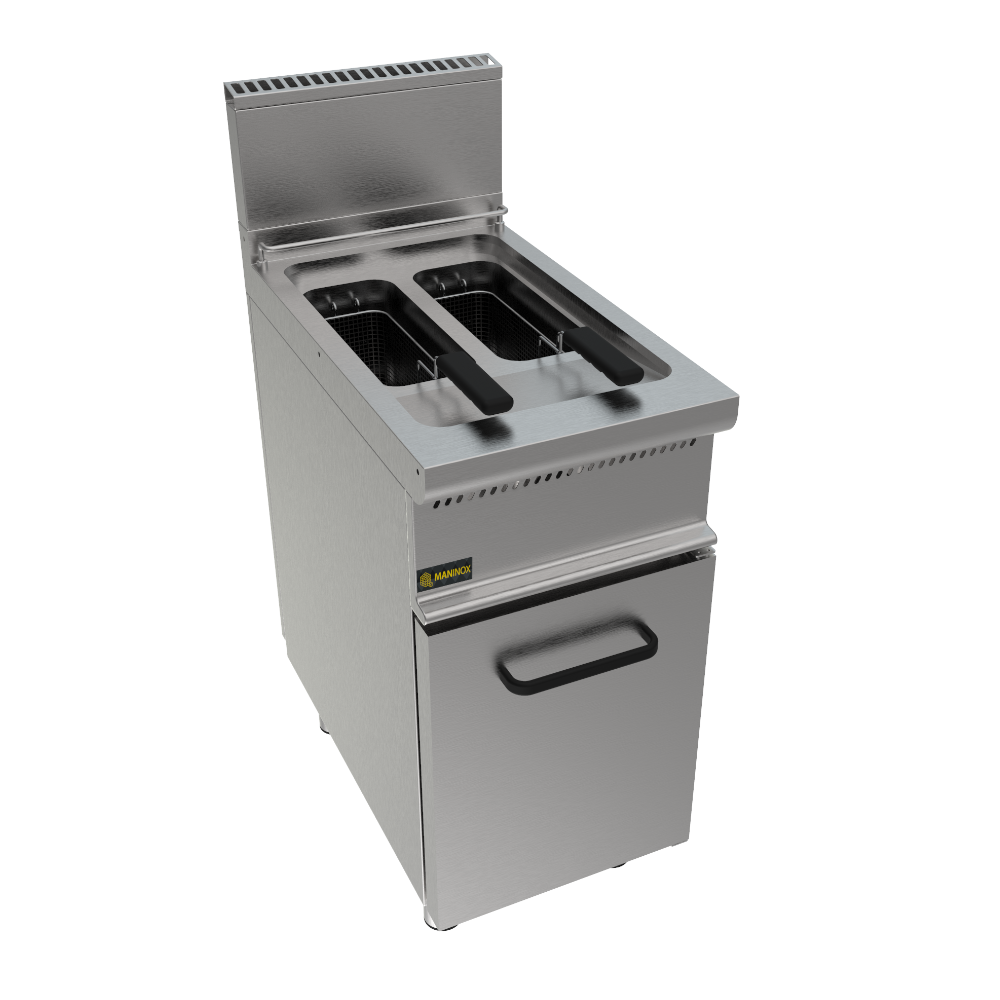 Friggitrice a gas 2 vasche armadiata, 40x70x85h, 11.6 kW, 8+8 L