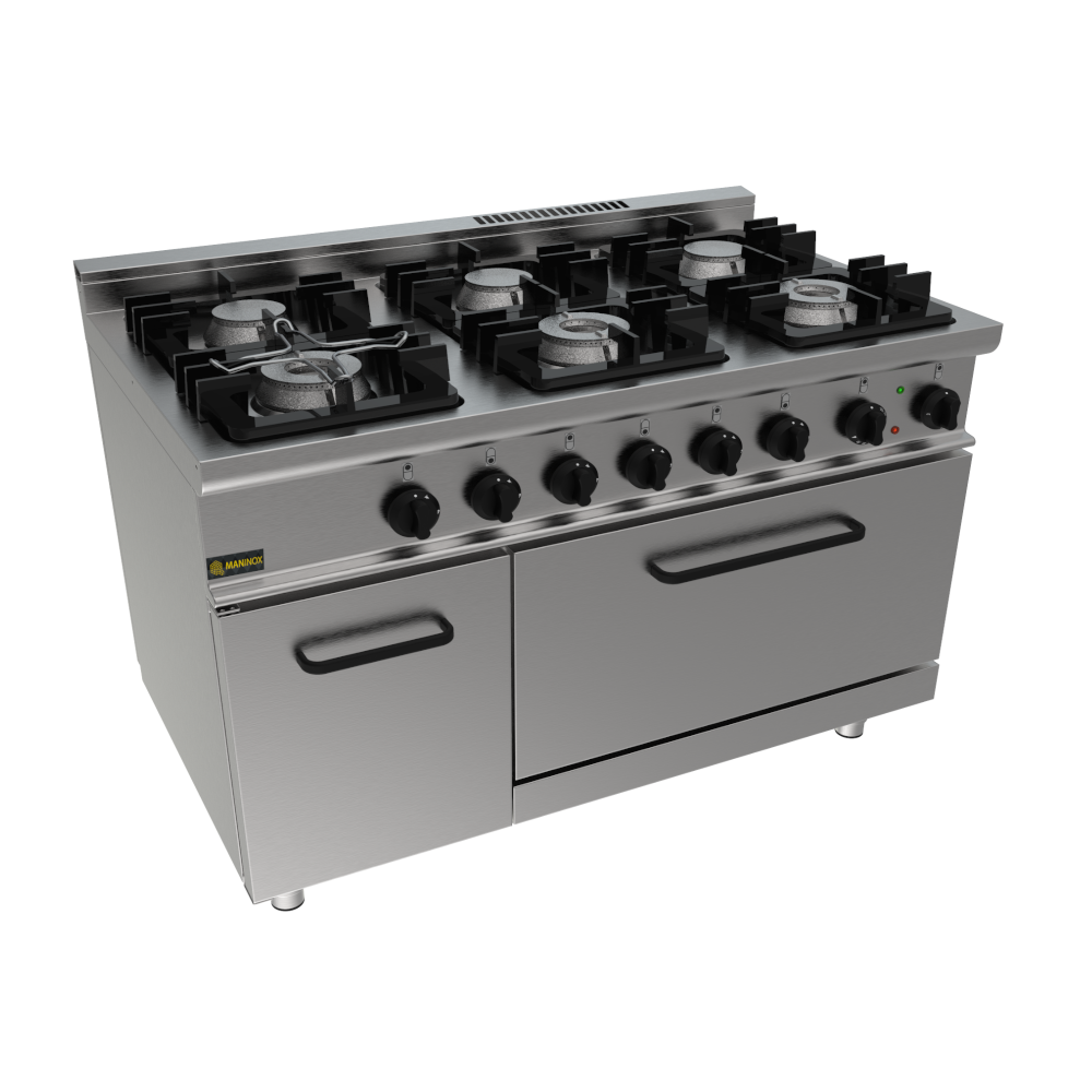 Cucina a gas 6 fuochi con forno elettrico, 120x70x85h, 27 kW