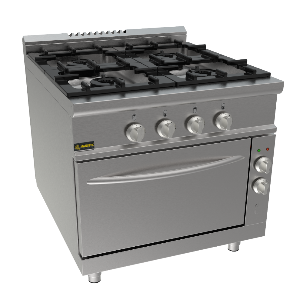 Cucina a gas 4 fuochi con forno elettrico, 80x90x85h, 29.6 kW