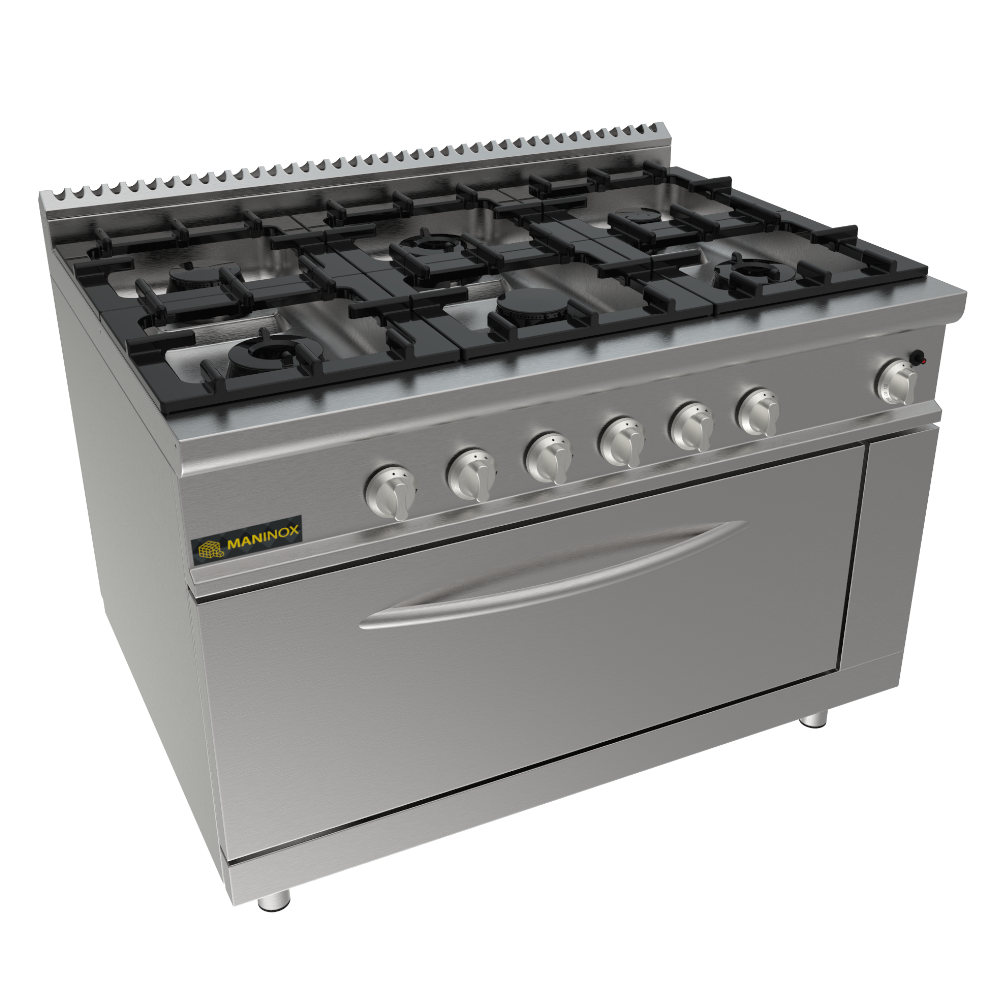 Cucina a gas 6 fuochi con forno a gas maxi, 120x90x85h, 42.8 kW