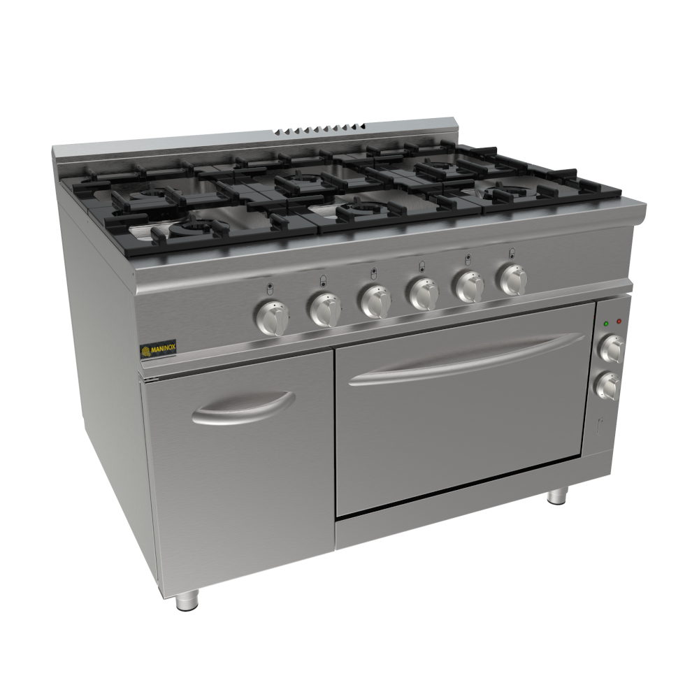 Cucina a gas 6 fuochi con forno elettrico, 120x90x85h, 44 kW