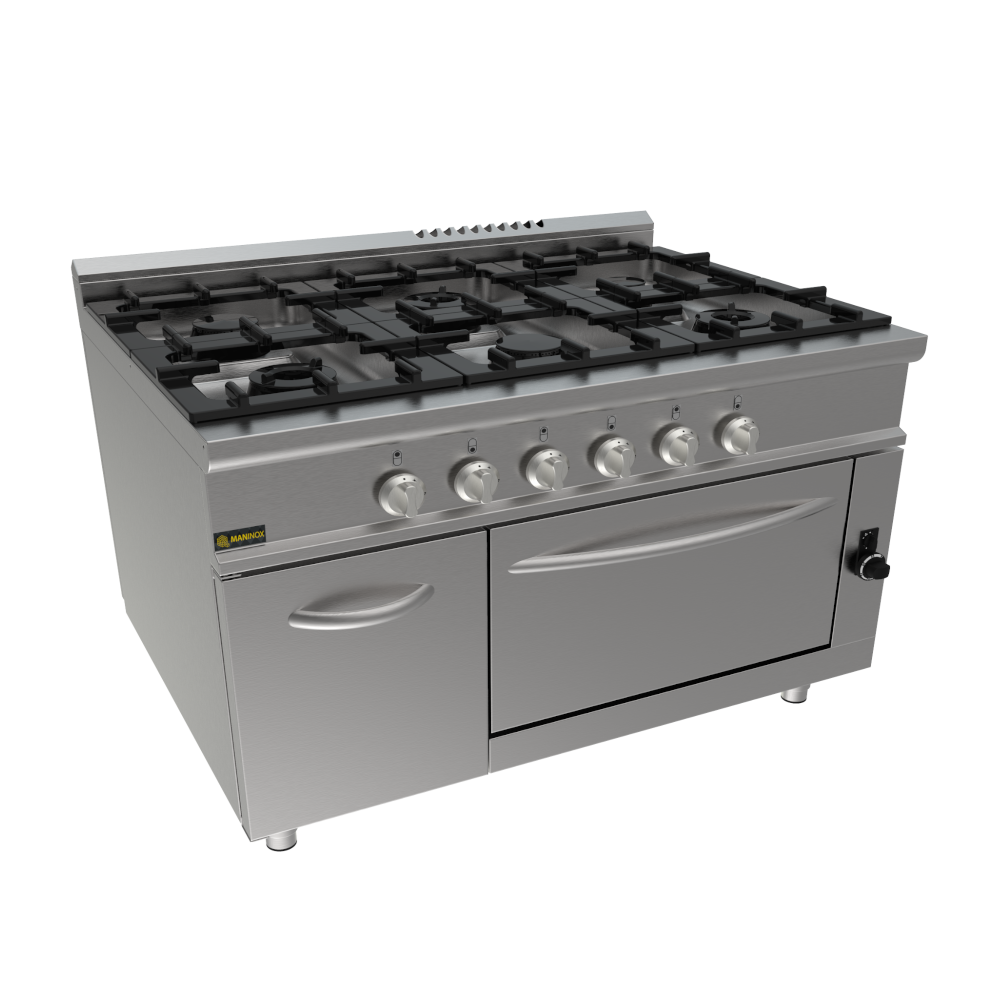 Cucina a gas 6 fuochi con forno a gas, 120x90x85h, 53 kW