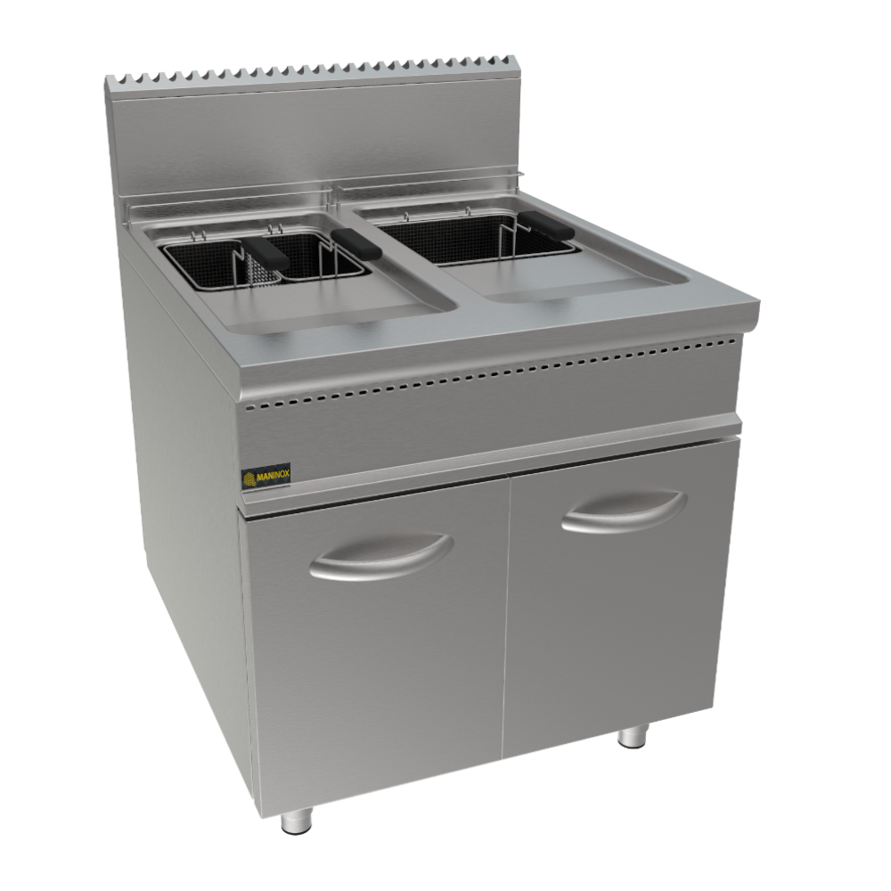 Friggitrice a gas, due vasche,vasca pulita, 80x90x85h, 38 kW, 21+21 L
