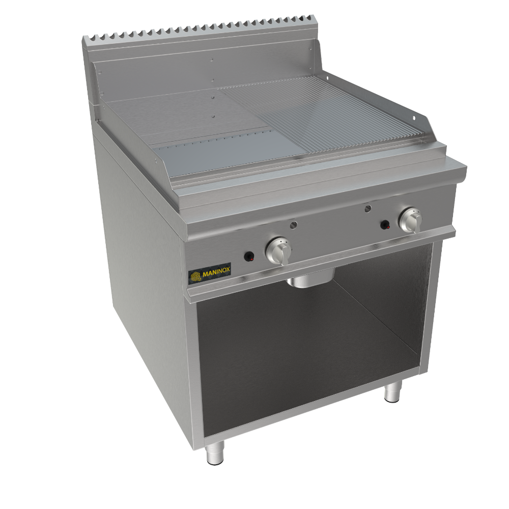 Fry top 1/2 liscia 1/2 rigata a gas piastra cromata, 80x90x85h, 13.8 kW
