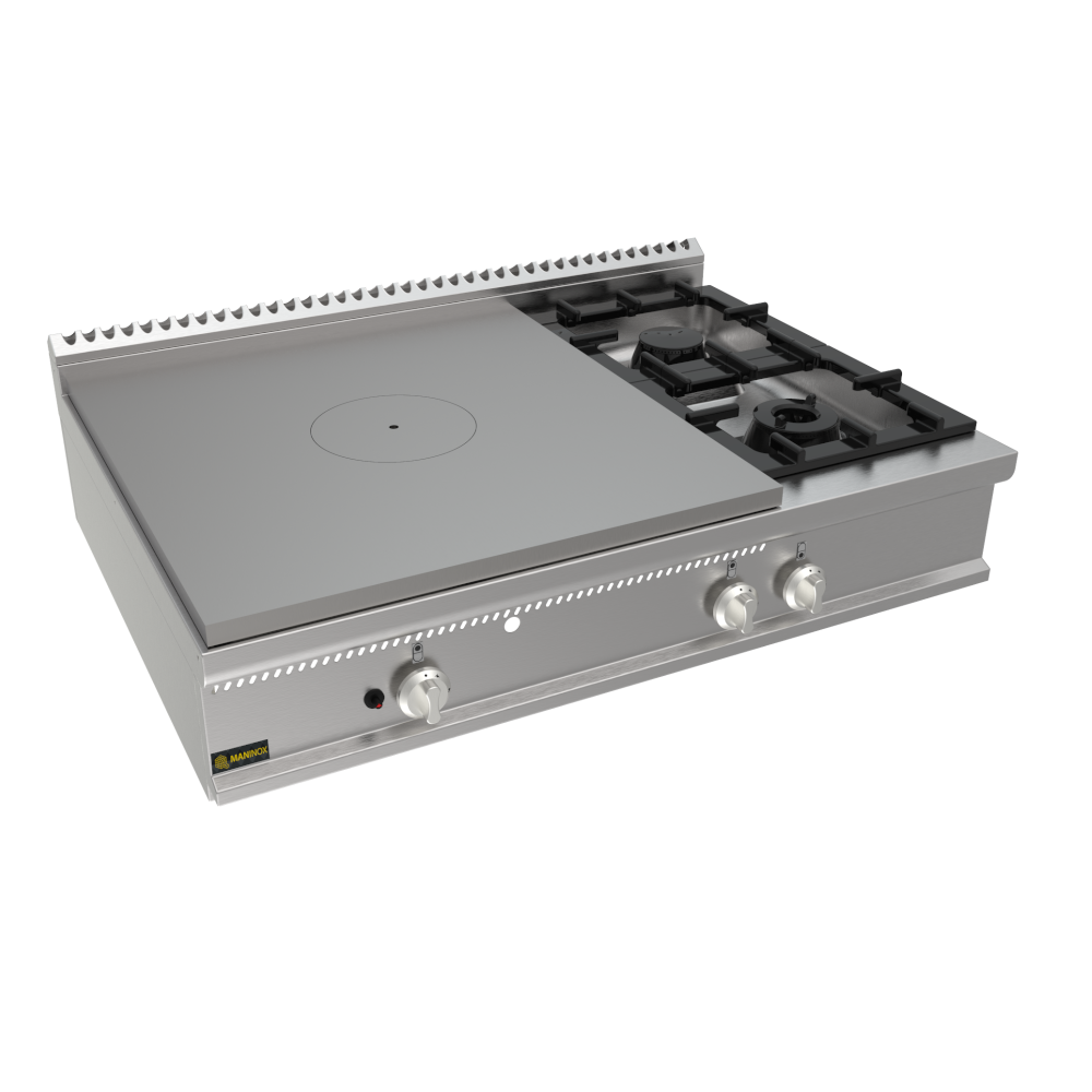 Cucina tuttapiastra a gas con 2 fuochi 120x90x27,5h, 24.9 kW