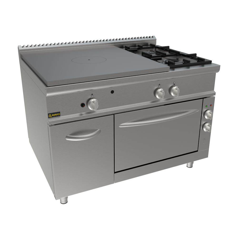 Cucina tuttapiastra a gas con forno elettrico e 2 fuochi 120x90x85h, 30,38 KW