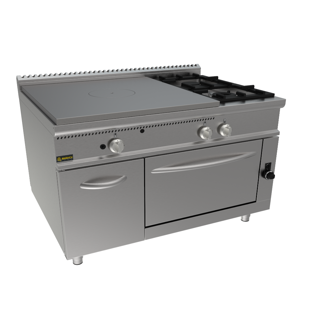 Cucina tuttapiastra a gas con forno e 2 fuochi 120x90x85h, 33,5 kW