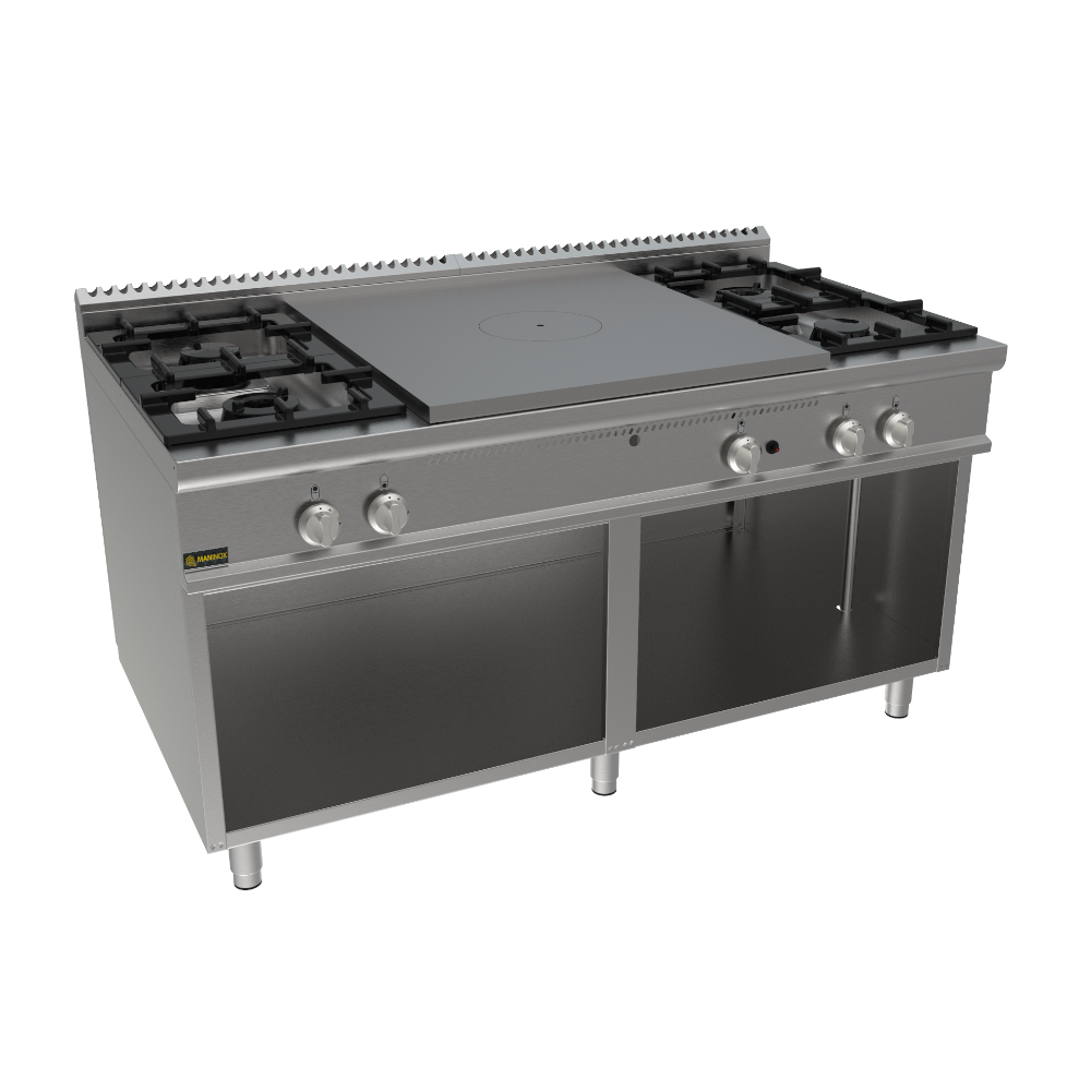 Cucina tuttapiastra a gas con 4 fuochi 160x90x85h, 37,8 kW