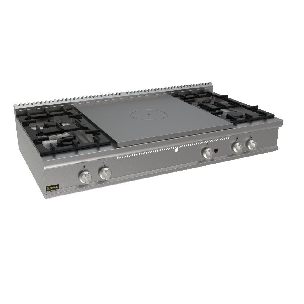 Cucina tuttapiastra a gas con 4 fuochi 160x90x27h, 37.8 kW