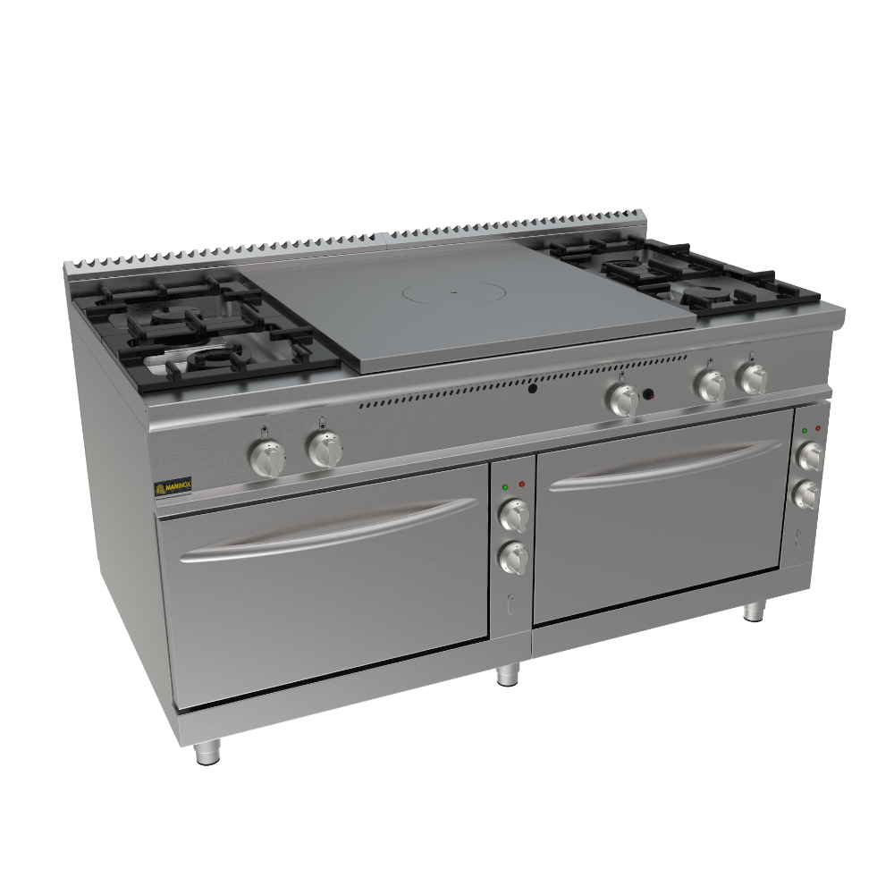 Cucina tuttapiastra a gas con 2 forni elettrici e 4 fuochi 160x90x85h, 48,76 KW
