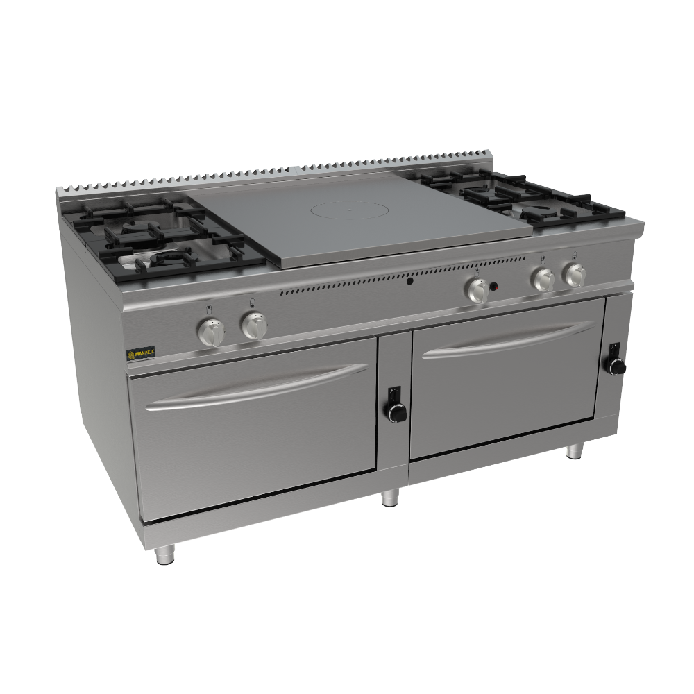 Cucina tuttapiastra a gas con 2 forni a gas e 4 fuochi 160x90x85h, 55 kW