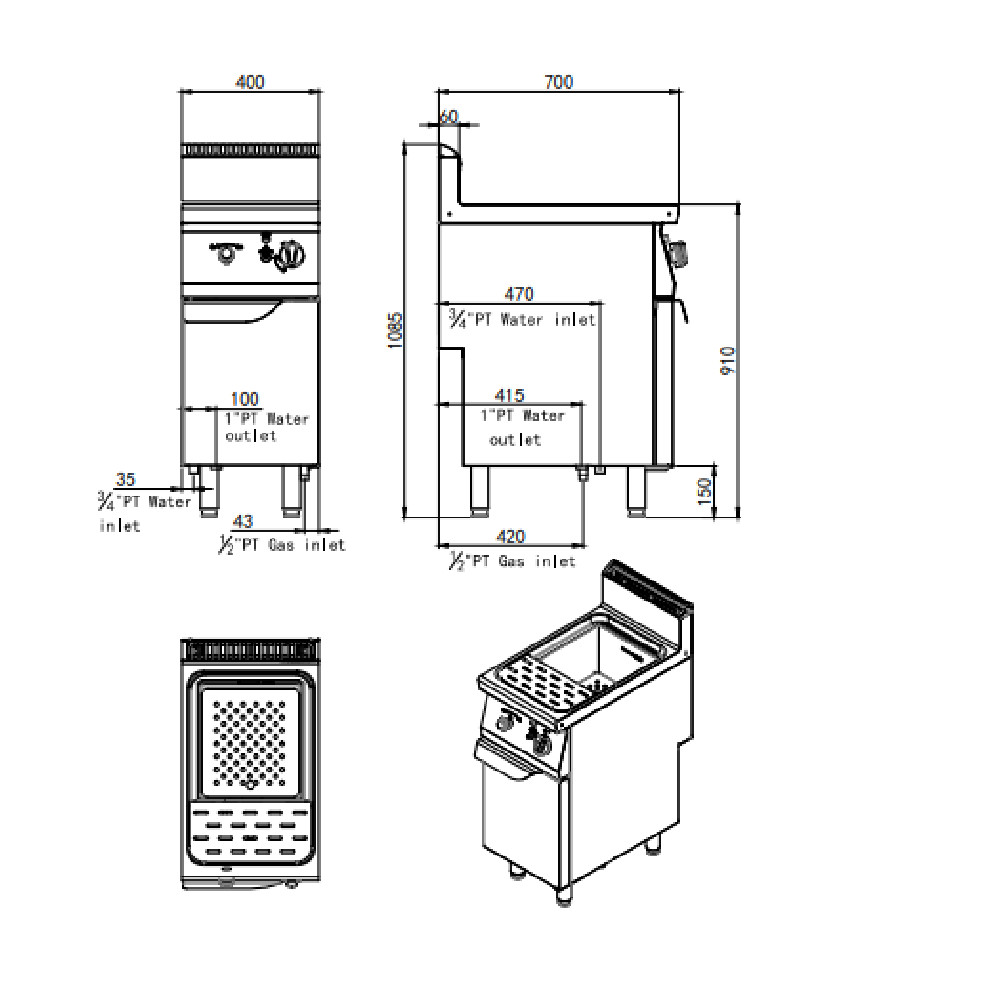 Cuocipasta elettrico trifase 1 vasca armadiato, 40x70x85h, 25 L